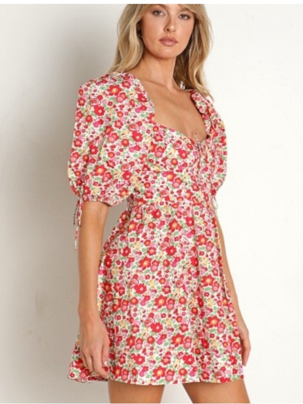 For Love & Lemons Floral Puff-Sleeve Mini Dress in Red and Pink